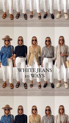 White Jeans Work Outfit Winter, White Mom Jeans Outfit Fall, Womens White Jeans Outfits, Style Off White Jeans, White Cropped Jeans Outfit Fall, White Winter Jeans Outfit, Chic White Jeans Outfit, Long White Jeans Outfit, White Jeans Dressy Outfits