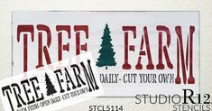 a sign that says tree farm next to a sticker with the words, daily cut out your own