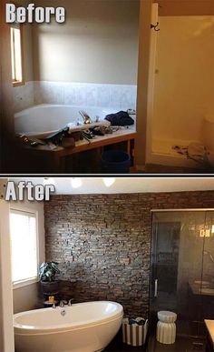 before and after pictures of a bathroom remodel with stone wall, tub, sink and shower