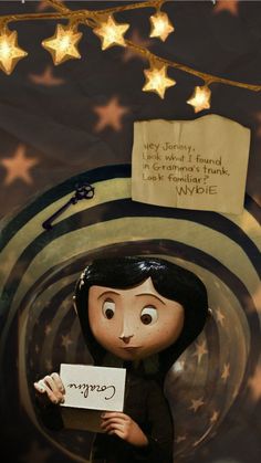 an animated doll holding a sign in front of stars