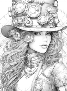 a drawing of a woman wearing a hat with clocks on it's head and her hair