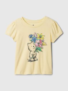 Soft cotton T-shirt.  Crewneck.  Short sleeves.  Graphics at front.  Hits at the hip.  Sizes range from baby to toddler. Logo Floral, Bear Graphic, Flower Girl Tutu, Pink Rainbow, Toddler Christmas, Grey Floral, Baby Gap, T Shirt Vest, Set Outfit