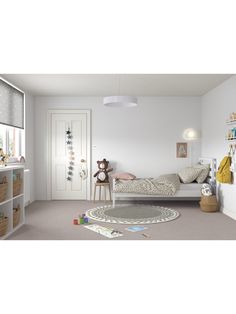 a child's bedroom with white walls and carpet