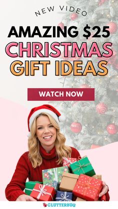 a woman holding presents in front of a christmas tree with the words amazing $ 25 christmas gift