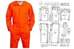 a man in an orange jumpsuit is standing next to a drawing of his overalls