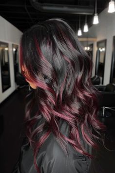 Highlights Ideas For Black Hair, Black Hair With Red Highlights, Black And Red Hair, Red Balayage Hair, Ideas For Black Hair, Black Red Hair, Highlights Ideas, Hair Color Underneath