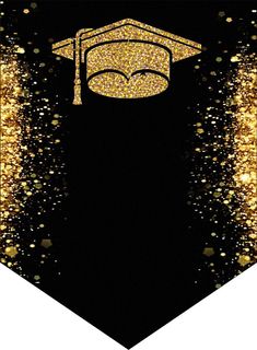 a black and gold graduation card with a graduate's cap in the center, surrounded by confetti