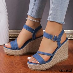 Olivia Mark - Stylish Denim Blue Wedge Sandals with Thick Platform, Round Toe, and Buckle Strap Straw Sandals, Blue Wedge Sandals, Denim Heels, Trendy Sandals, Retro Mode, Stylish Sandals, Slingback Shoes, Wedge Heel Sandals, Platform Wedge Sandals