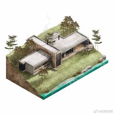 an illustration of a house in the middle of a field with trees and water around it