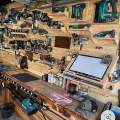 a workbench with many tools on it