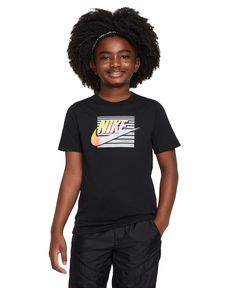 in stock Nike Black T-shirt For Sports Season, Sporty Black T-shirt With Logo Print, Nike Sporty Black T-shirt, Nike Black Athleisure T-shirt, Black Graphic Tee For Sports Season, Black Pre-shrunk Short Sleeve Activewear, Casual Black Sports T-shirt, Black Sporty T-shirt With Logo Print, Black Athleisure T-shirt With Logo Print