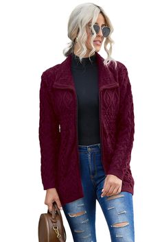 Wine Red Zip-up Open Front Knitted Sweater Red Knit Sweater Coat For Winter, Red Knitted Sweater Coat For Winter, Red Knit Outerwear For Cold Weather, Fitted Burgundy Cardigan For Winter, Red Long Sleeve Cardigan With Textured Knit, Knit Red Outerwear For Cold Weather, Red Textured Knit Long Sleeve Cardigan, Red Long Sleeve Textured Knit Cardigan, Red Cable Knit Winter Outerwear