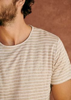 Martin T-shirt - Beige Ecru Stripes - Linen - Octobre Éditions Beige Casual Linen T-shirt, Casual Beige Linen T-shirt, Casual Linen T-shirt For Summer, Casual Linen Crew Neck T-shirt, White Linen T-shirt For Everyday, Everyday Linen Short Sleeve T-shirt, Striped Linen, Parisian Style, Stripes