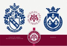 the coat of arms with family motto is shown in three different colors and designs, including red, white, and blue