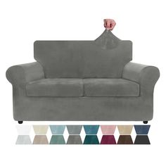 a grey couch with different colors and sizes