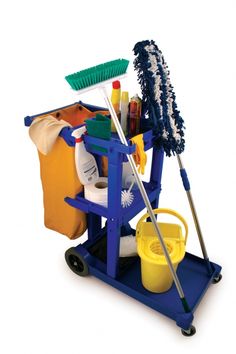 a mop, bucket and cleaning supplies on a cart