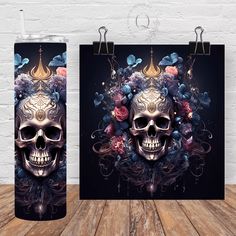 two bags with skulls and flowers on them, one has a skull in the middle