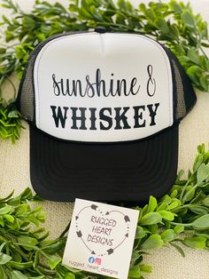 Sunshine And Whiskey! Trucker Hat .  Snap back, adjustable hat. **How To Order** 1. Select Color Of hat desired.  2. Select Color Of print Shipping in the United States Only  If other colors are desired please message us and we will respond ASAP. **Please follow us on Instagram or Facebook @rugged_heart_designs for other inspirations.** Country Style Adjustable Trucker Hat With Curved Brim, Adjustable Curved Brim Baseball Cap For Outdoor Events, Adjustable Snapback Baseball Cap For Country Events, Adjustable Baseball Cap For Country Events, Adjustable Trucker Mini Hat With Curved Brim, Adjustable Snapback Hat For Country Events, Country Style Adjustable Snapback Baseball Cap, Adjustable Trucker Style Mini Cap, Adjustable Country Style Snapback Baseball Cap