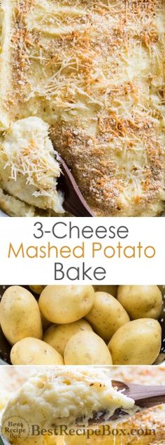 three cheese mashed potato bake is shown with potatoes in the foreground and on the right