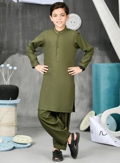 2 Piece - Kurta Shalwar :Let your little one stand out from the crowd in this kurta with band collar paired with trouser to complete the look. Details : Shirt : Formal  Kurta for Kid, With Embroidery Work on collar and neck. Fabric :  Blended. Color : Olive  Green Trouser :  Blended Bottom Country of Origin : Pakistan Care Instruction : Should be washed in gentle cycle and hung to dry. Color may bleed so please be mindful of other items with it. Disclaimer : Size chart provides reference sizes a Eid Sherwani Semi-stitched In Pista Green, Olive Kurta Men, Boys Kurta Design Kids Pakistani, Kurta Dress, Green Trousers, Mommy Daughter, Modest Wear, Kids Boxing, Premium Brands