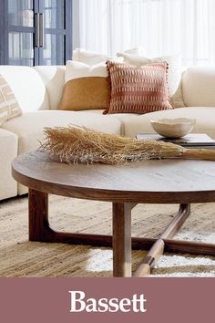 Image of a living room with large cocktail table. Pictures Of Rooms, Stacking Books, Coffee Table Arrangements, Round Coffee Tables, Round Cocktail Tables, Bassett Furniture, Coffee Table Square, Stack Of Books, Cocktail Table