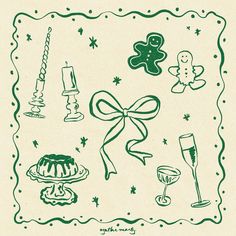 a green and white christmas card with gingerbreads, wine glasses, cake and other holiday items