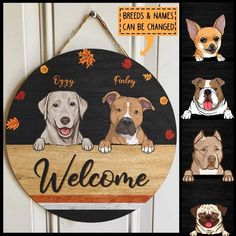 a wooden sign with dogs on it and the words welcome written in different languages,