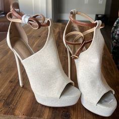 George Ankle Wrap Open Toe Heel. Beige With Brown Accents. Ankle Wrap With Open Toe. Heel Height 5.5”. Never Worn. Shoes Beige, Ankle Wrap, Shoe Dazzle, Tan Brown, Shoes Women Heels, Open Toe, Heel Height, Shoes Heels, Heels