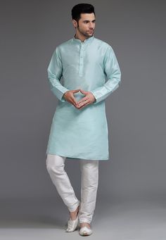 Ready-made Art Silk Kurta in Sky Blue Color. This attire is Enhanced with Buttons Work. Crafted in Chinese Collar neck and Full Sleeves. Available with an Art Silk Churidar in Off White Color.   Do note: Footwear shown in the image is for presentation purposes only. Half to one inch may vary in measurement. (Slight variation in actual color vs. image is possible) We Sell all kinds of Menswear. Mens Kurta | Mens Kurta & Pant | Traditional Menswear | Partywear | Menswear | Indian Mens Dresses | Di Blue Casual Kurta For Festive Occasions, Casual Blue Kurta For Festive Occasions, Blue Casual Festive Kurta, Casual Blue Festive Kurta, Blue Festive Casual Kurta, Light Blue Long Sleeve Summer Kurta, Traditional Blue Kurta For Spring, Fitted Light Blue Kurta For Summer, Blue Fitted Kurta For Spring