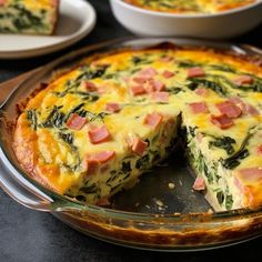 a quiche with ham, cheese and spinach