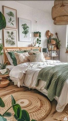 a bedroom with plants and wicker baskets on the floor