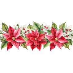 a watercolor christmas border with poinsettis and holly