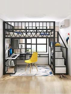 a loft bed with stairs and desk in the corner, next to a yellow chair