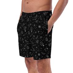 Dive into summer darkness with Goth Cloth Co.'s Gothic Halloween Swim Trunks. Featuring a haunting pattern of ghosts, pumpkins, black cats, and spider webs against a black and white backdrop, these trunks combine gothic elegance and Halloween flair, perfect for the darkly inclined beachgoer. Key Features: Four-way stretch fabric: Water-repellent microfiber made from 91% recycled polyester, 9% spandex. Anti-chafe liner: Silky 92% polyester, 8% spandex inner liner for all-day comfort. Multiple poc Gothic Black Bottoms For Costume Party, Black Gothic Bottoms For Costume Party, Gothic Black Bottoms For Halloween, Black Skull Print Bottoms For Halloween, Black Emo Bottoms For Halloween, Black Bottoms For Summer Costume Party, Black Bottoms For Costume Parties In Summer, Black Rave Bottoms For Halloween, Rave Style Black Bottoms For Halloween