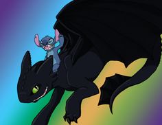 a cartoon character riding on the back of a black dragon