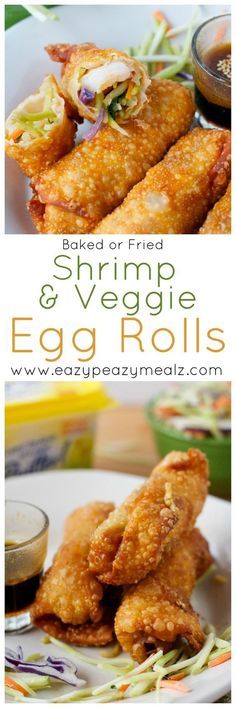 fried shrimp and veggie egg rolls on a plate with dipping sauce in the background