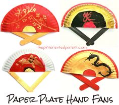 four paper plate hand fans with different designs on them and the words paper plate hand fans