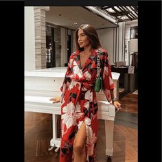 Zara Wrapped Red And Black Floral Dress Lapel Collar Dress, Zara Orange Floral Print Dress, Zara Red Floral Print Midi Dress, Zara Floral V-neck Dress For Spring, Zara Casual V-neck Floral Dress, Zara Printed Dress, Kimono Style Dress, Ribbed Bodycon Midi Dress, Zara Midi Dress