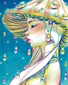 a drawing of a woman with a hat on her head and water droplets around her