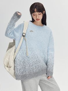 Material: Polyester51% Nylon24.1% Acrylic18.8% Wool1%   Size: SM   Model: 167cm/49kg 　  
 Length Bust Shoulder Sleeve S 76cm 120cm 50cm 59cm M 78cm 124cm 51cm 60cm Trendy Blue Outerwear With Crew Neck, Blue Oversized Crew Neck Outerwear, Oversized Blue Crew Neck Outerwear, Light Blue Crew Neck Outerwear For Fall, Relaxed Fit Light Blue Sweater For Winter, Light Blue Crew Neck Casual Outerwear, Gradient Sweater, Woolen Sweaters, Round Neck Sweater