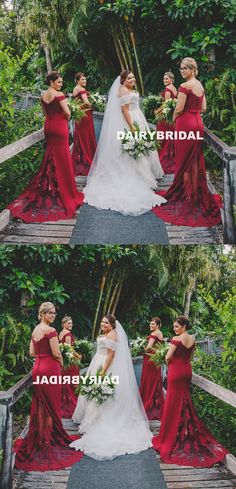 the bride and her bridal party are posing for pictures in their wedding gowns