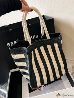 Bird in Bag - Womens Woven Handbag with Unique Design and Colorful Stripes, Single Shoulder Bag, Summer Bag, Foldable Straw Bag for Easy-to-carry Bucket Bag For Shopping, Portable Bucket Bag For Shopping, Casual Portable Square Bag, Rectangular Shopping Bag, Large Capacity Black Satchel For Beach, Large Capacity Black Satchel For The Beach, Black Large Capacity Straw Tote Bag, Black Large Capacity Straw Shoulder Bag, Trendy Square Beach Bag With Large Capacity