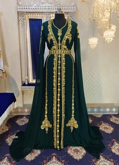 Bottle Green Wedding Designer Arabic Maxi Hand Beaded Dubai Ladies Long Sleeve Moroccan Caftan, Arabic PartyWear Kaftan With EmbroideryHijab by TheRobeDesert on Etsy Embroidery Hijab, Arabic Outfit, Moroccan Takchita, Green Hijab, Caftan Dresses, Vs Image, Kaftan Gown, Arabian Dress, Arabic Dress