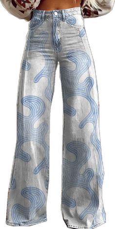 Casual Wide Leg Pants, Printed Wide Leg Pants, Blue Print, Leg Pants, Baby Blue, Floor Length, Wide Leg Pants, Wide Leg, Loose Fitting