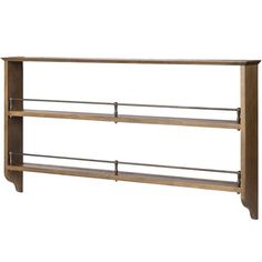 a wooden shelf with metal bars on it