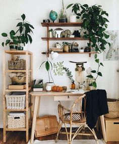 a desk with plants and baskets on it