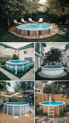 an above ground swimming pool surrounded by grass