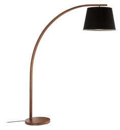 a floor lamp with a black shade on the base and a wooden stand underneath it