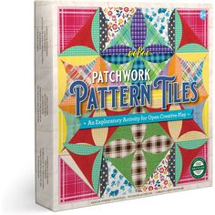 the patchwork pattern tiles box is shown in front of a white background and has colorful designs on it