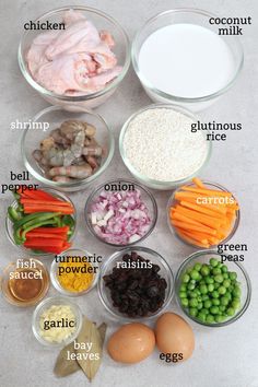 the ingredients for this recipe include eggs, carrots, peas, and chicken